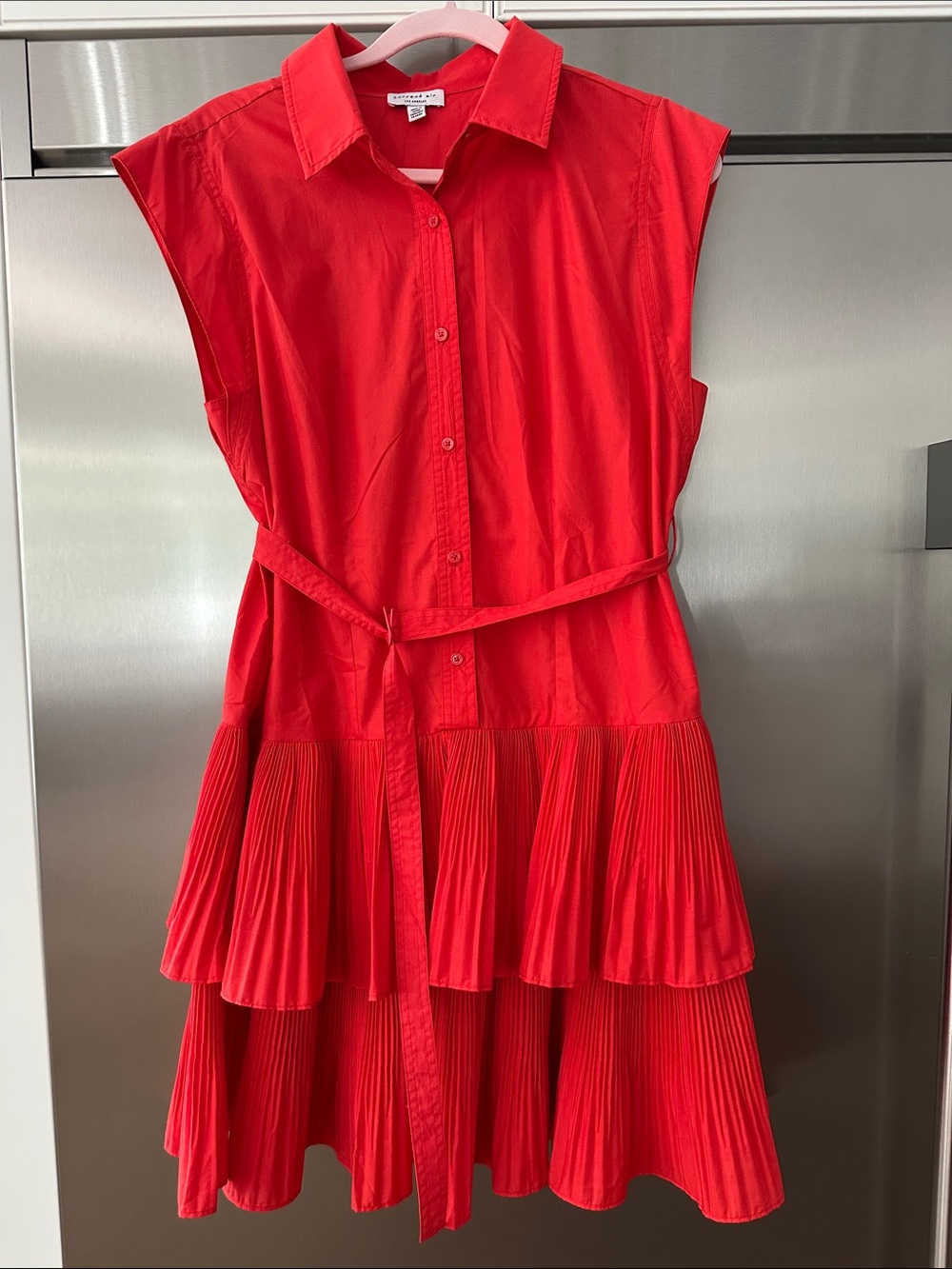 Gameday Red Button-Front Tiered Pleated Mini Dress with Tie